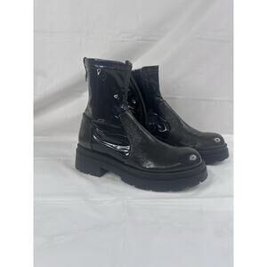AQUATALIA Dhia 9M Black Patent Wheatherproof Lug Sole Combat Chunky Ankle Boots